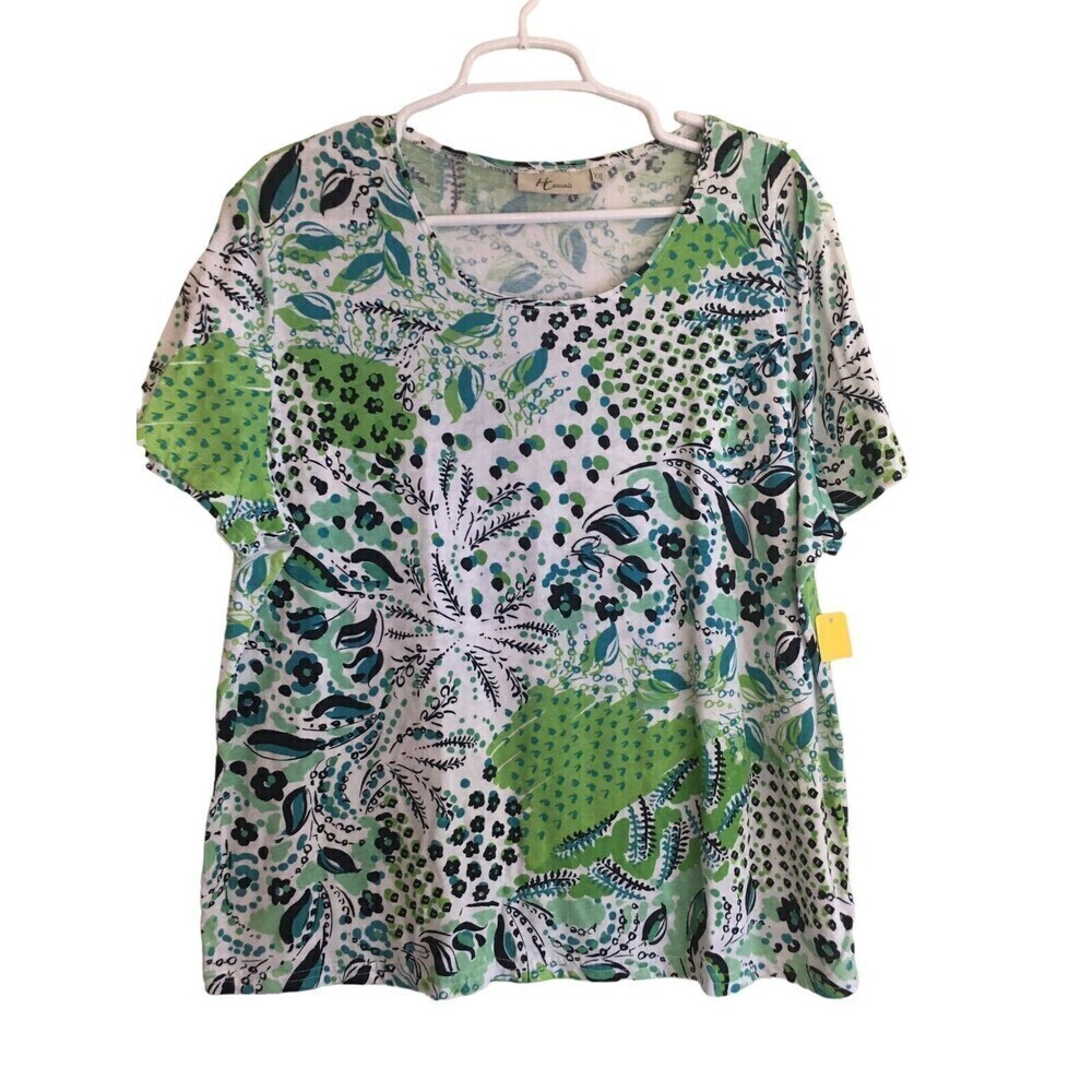 Hot Cotton Size XXL Top Green Short Sleeve Plant Geometric Print Lagenlook